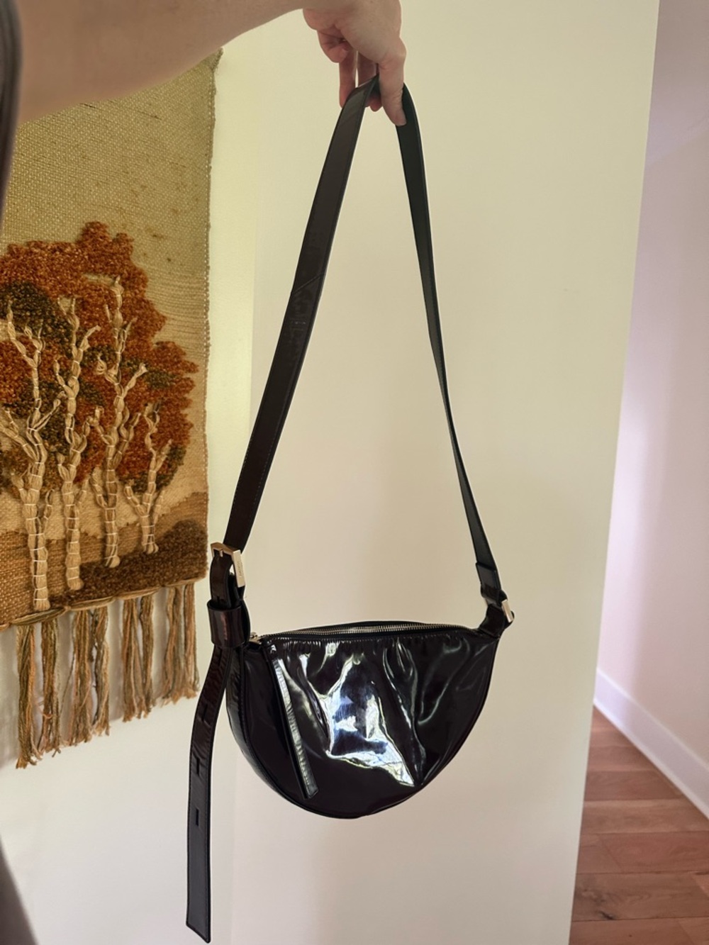 Burgundy All Saints Patent Half-Moon Shoulder Bag